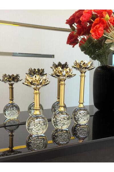 Şahane 3 Lü Kristal Şamdan-Gold TKEBT Gold