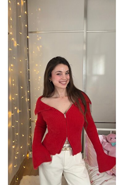 Bisou Kırmızı Fermuarlı Triko