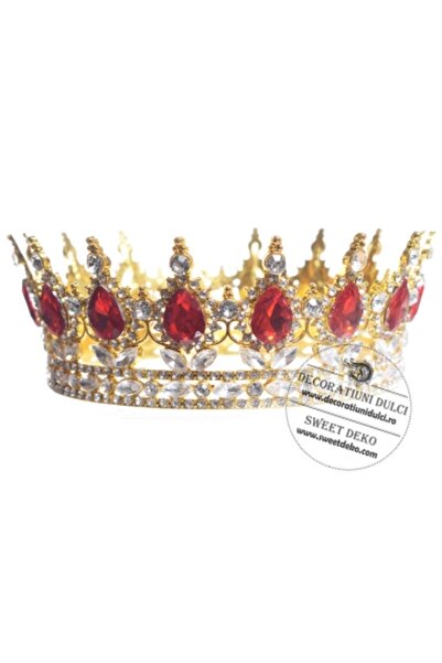 Decoratiuni Dulci Coronita aurie cu pietre rosii, pentru decor tort