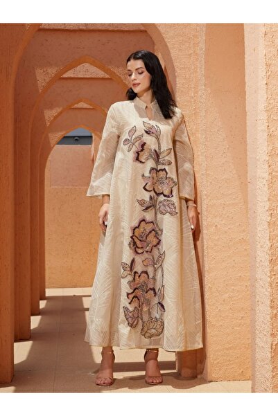 Noon Noora Jalabiya Dress with Mesh Embroidery and Heavy Appliqué Patchwork