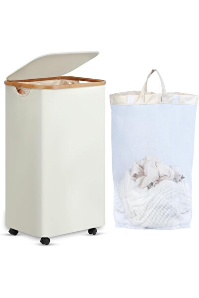 Generic سلة غسيل بعجلات، سعة 100 لتر، سلة غسيل بغطاء، سلة ملابس متحركة، منظم ...