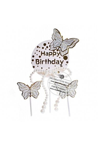 Decoratiuni Dulci Topper tort Happy Birthday cu fluturasi si perlute