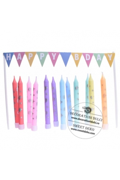 Decoratiuni Dulci Set of 12 pastel candles and Happy Birthday banner