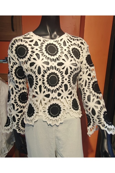 Sosyete Kaplumbağa Openwork Knit Detailed Motif Modern Long-Sleeved Blouse