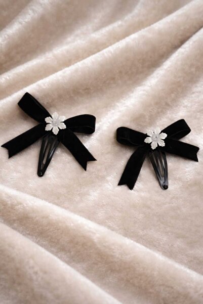 Pretty Kadife Siyah Fiyonk Detaylı Çiçek Figürlü Çıtçıt Toka (2’li Set)