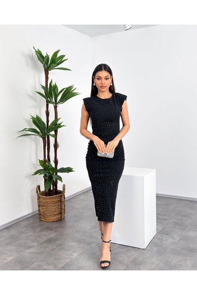 Mialora Yuvarlak Yaka Taş Baskılı Omuz Vatkalı Drapeli Arkadan Yırtmaçlı Uzun...