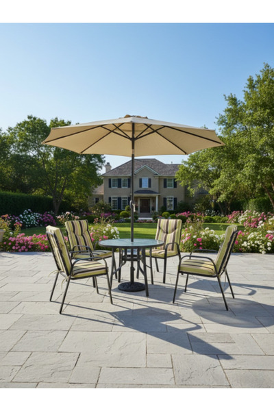 Bec4 Outdoor dining table set with umbrella and 4 padded chairs