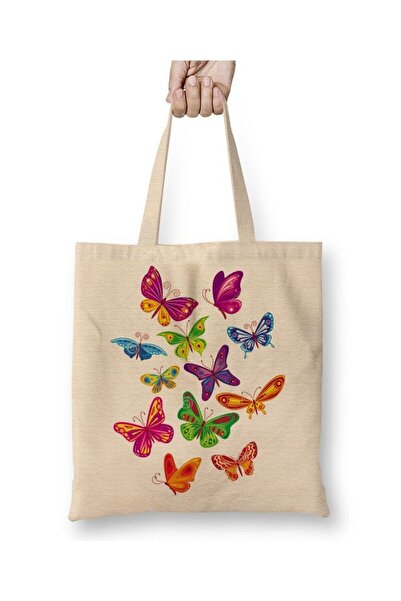 Toyaso Colorful Butterflies White Tote Bag Long Handle Shopping Bag Beach Bag