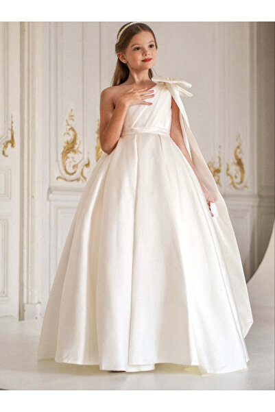 miço kids KIZ ÇOCUK TEK OMUZ FİYONK DETAYLI ABİYE MEZUNİYET , DÜĞÜN