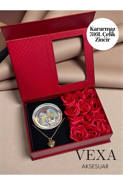 Vexa Aksesuar İnci Çelik Kolye Hediye Seti | Güllü Özel Kutulu, İstiridye İçi...