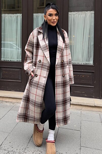 Lijuri Double Button Closure Plaid Patterned Cashmere Coat 7141