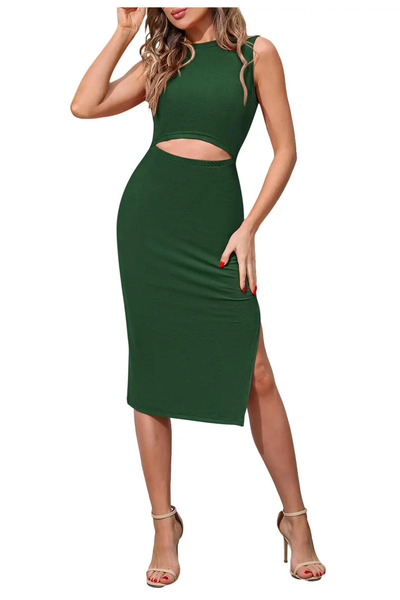 PINK QUEEN Midi Dress Round Neck Sleeveless Green Mar S