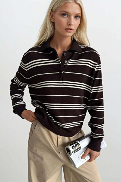 mahira collection    Women's Polo Neck Striped Knitwear Sweater