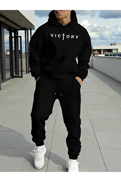 tkn your style Men's Bottom-Up Set Victory Print Design Hooded Sweatshirt