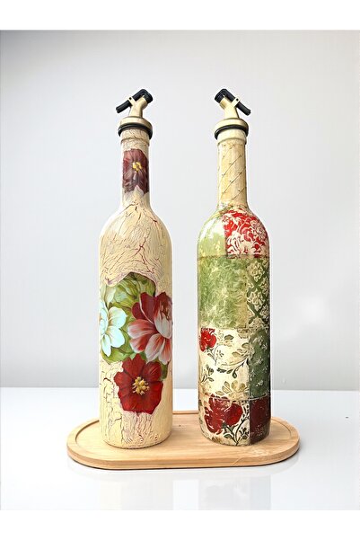 Mes Reves 750 ml Flower Patterned Handmade Glass Oil Pot and Vinegar Set – De...