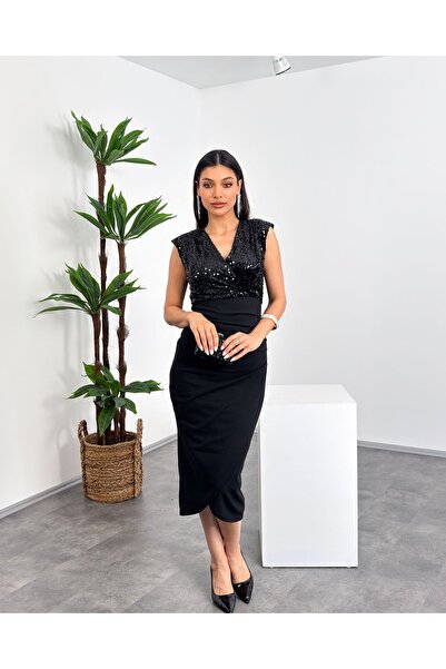 Mialora Double-Breasted Collar, Sequin Detail, Shoulder Padded, Sleeveless, D...