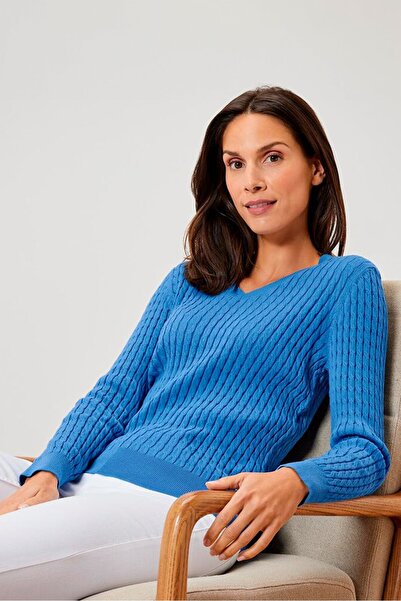 Tchibo Women V Neck Long Sleeve Knitted Sweater, Blue