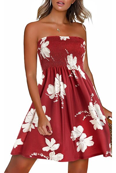 MISSUFE Summer dress, boho style, floral print, sleeveless, off-shoulder, kne...