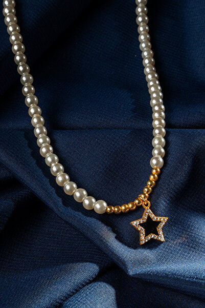 HediyemStil Gold Necklace with Pearl Detail and Star Figure