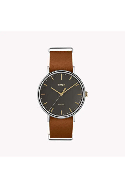 Timex Men's Brass Watch, Black Dial, Brown Leather Strap | Tw2p97900