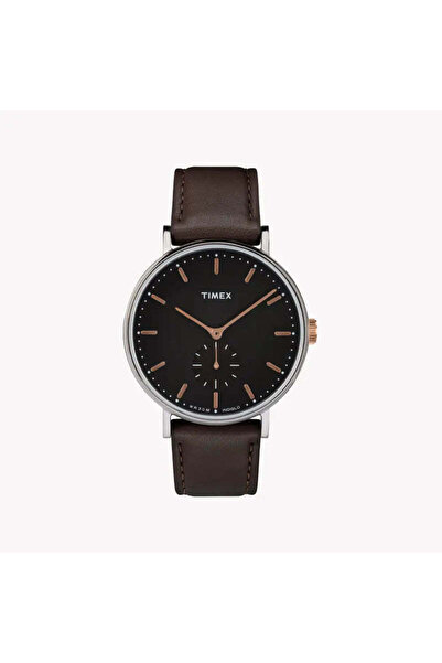 Timex Men's Brown Leather Watch, Black Dial | Tw2r38100