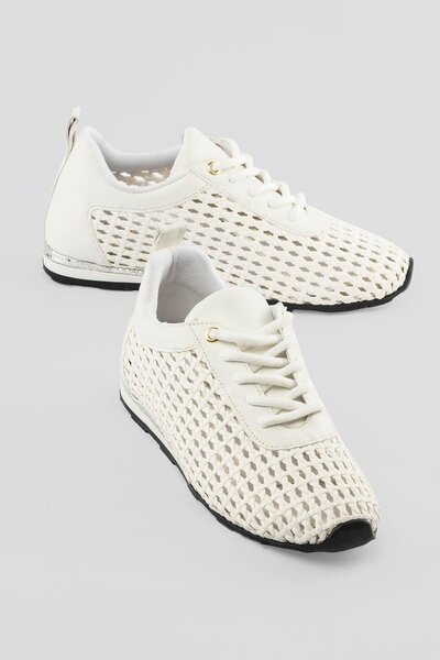 Mubiano Women's Sneaker Braided Silver Detailed Lace-Up Sports Shoes Nessa White