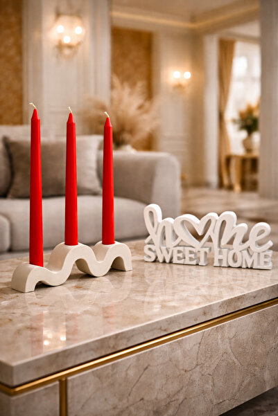 lufen deco Modern Dalgalı Beton 3’lü Şamdan Mumluk ve Dekoratif Lüks Yazı Mer...