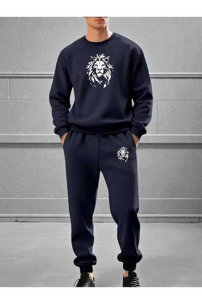 tkn your style Men's Bottom-Up Set Lion Print Design Crew Neck Sweatshirt