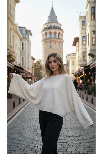 3B Stil Kadın Taş Renk Yarasa Kol Kazak