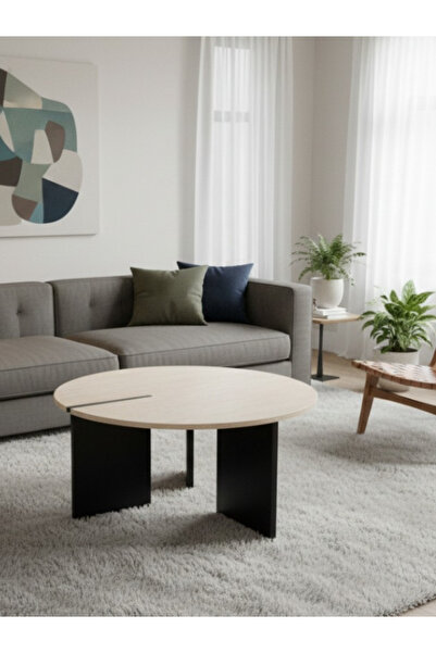 BEC13 Round wooden coffee table with a modern design and geometric legs