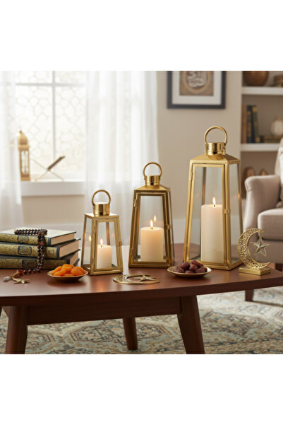 Ebticar فوانيس معدنية مزينة بزجاج ذهبي - طقم من 3 قطع