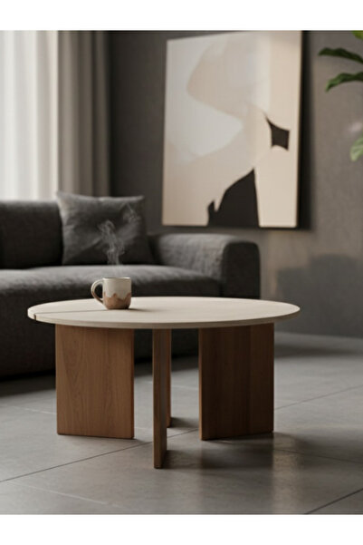 BEC13 Round wooden coffee table with a modern design and geometric legs