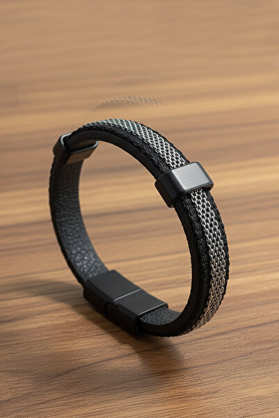 VAOOV Modern Steel Mesh Detailed Magnetic Black Leather Men's Bracelet