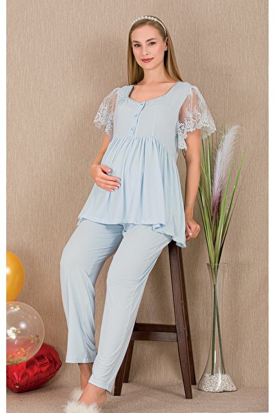 MOPİ Buttoned Hollow Out Collar Lace Sleeve Detailed Comfortable Maternity & ...