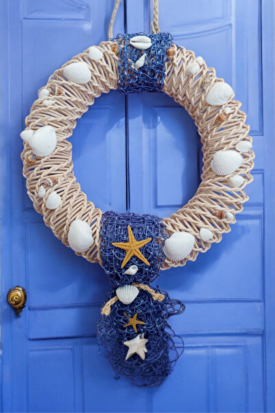 MaviMarinUrla El Yapımı Bambu Rattan Kapı Çelengi Doğal Deniz Kabukları Süsle...