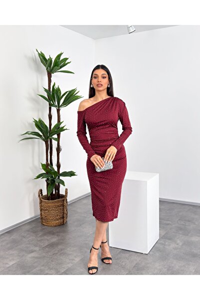 Mialora Boat Neck One Shoulder Stone Printed Draped Long Sleeve Stretchy Midi...