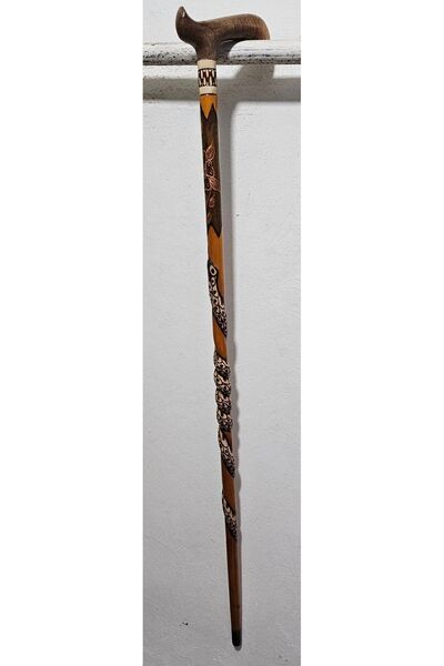 Saatistan El İşçiliği Yılan Kabartmalı Kızılcık Ağacı Dekoratif Baston