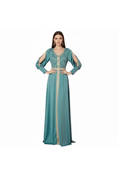 FULLJOY A long, sequined and beaded jalabiya in a Tiffany blue color, made of...