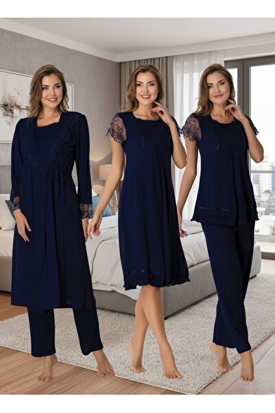 Lohusa Homewear Women's Navy Blue Elegant Lace Detailed Short Sleeve Buttoned...