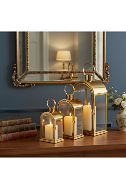 Ebticar فوانيس معدنية مزينة بزجاج ذهبي - طقم من 3 قطع