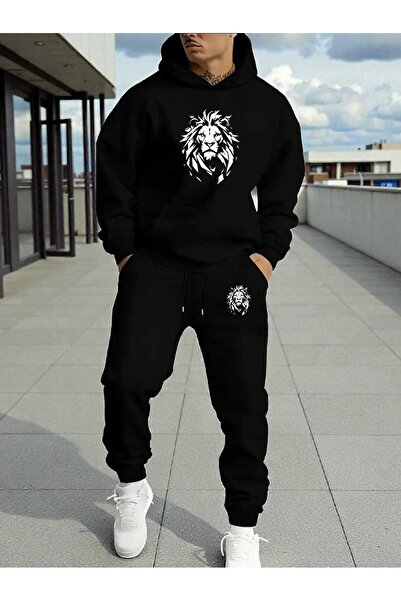 tkn your style Erkak Alt Üst Set Lion Fashion Print Design Hooded Sweatshirt