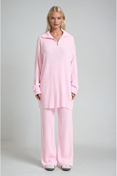 Lijuri Zip Collar Long Knitwear Tunic & Wide Leg Pants Set 10318