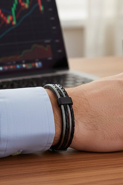 VAOOV Four Rows of Black Leather Men's Bracelet with Steel Rope Detail