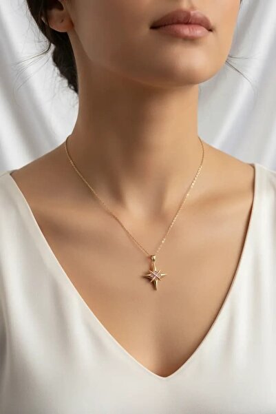 Clariss Çelik Gold Renk Zirkon Taşlı Kutup Yıldızı Model Kadın Kolye