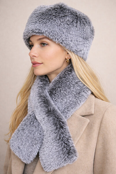 Şirin Giyim Aksesuar Hat and Scarf Gray Grayish 2-Piece Set Plush Set - Hat N...