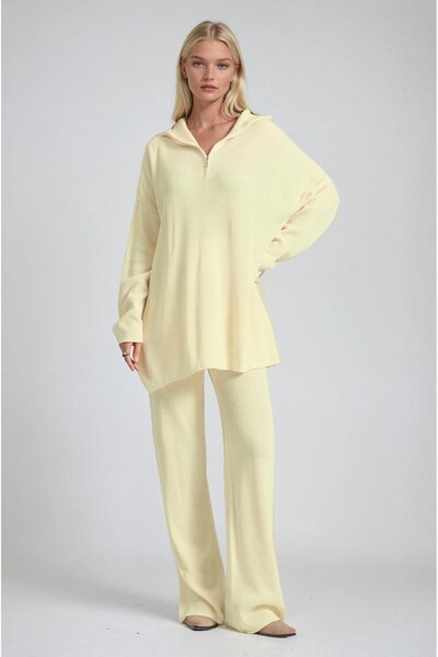 Lijuri Zip Collar Long Knitwear Tunic & Wide Leg Pants Set 10318