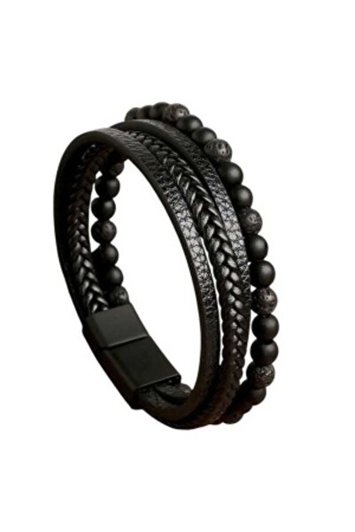 OutfitModa Men's Leather and Lava Rock Bracelet