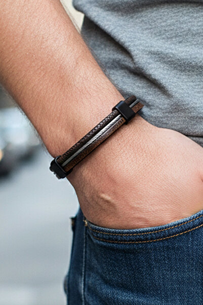 VAOOV Steel Detailed Multi-Row Brown Genuine Leather Men's Bracelet