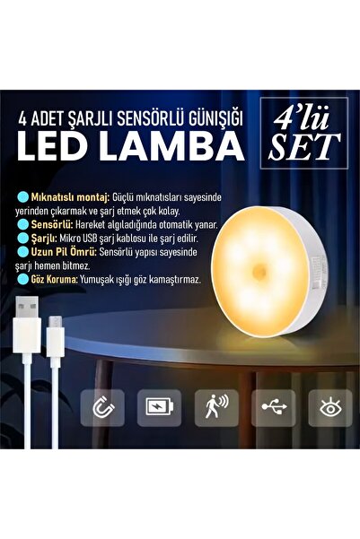 UpWay 4 Adet Sensörlü Şarjlı Mıknatıslı Led Lamba Seti - 8 Ledli Günışığı Renkli