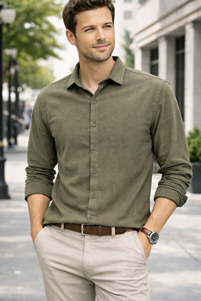 EMPEROR APPAREL Erkek Yeşil Haki Uzun Kollu Süet Gömlek